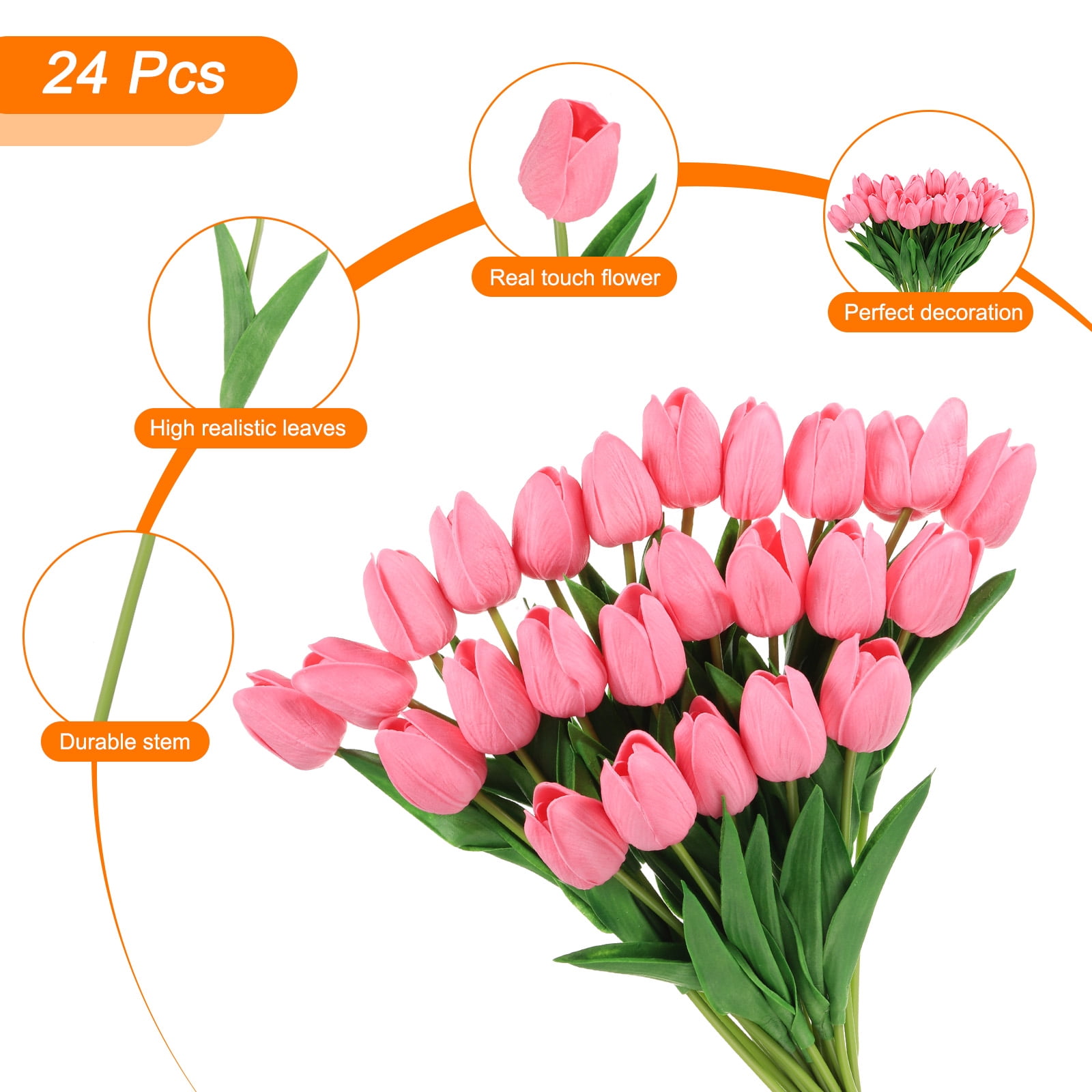 Unique Bargains Fake Tulips Flowers PU Artificial Tulips Real Touch with Stems 24Pcs Pink