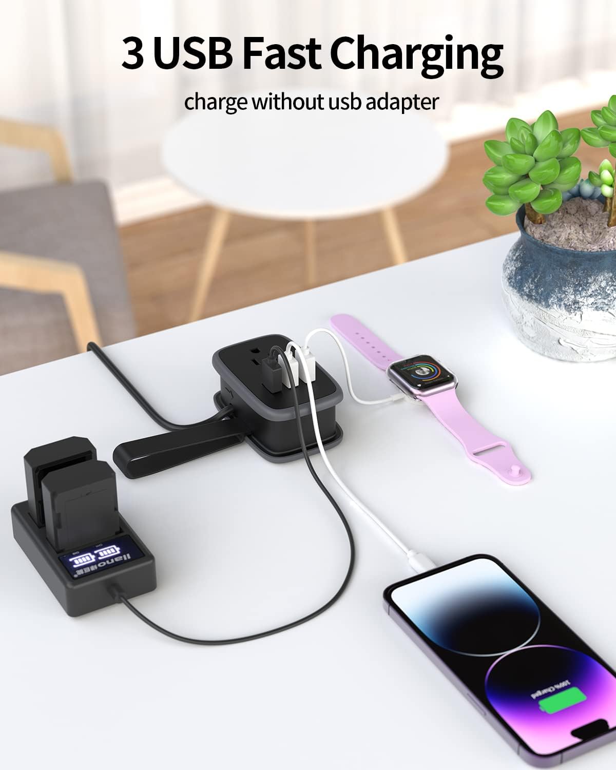 RGHJAR-Travel Power Strip with USB Ports, Portable Small Power Strip with 3FT Wrapped Flat Plug Extension Cord, 2 Outlets 3 USB Ports, Non Surge Protector for Cruise Ship Hotel Black