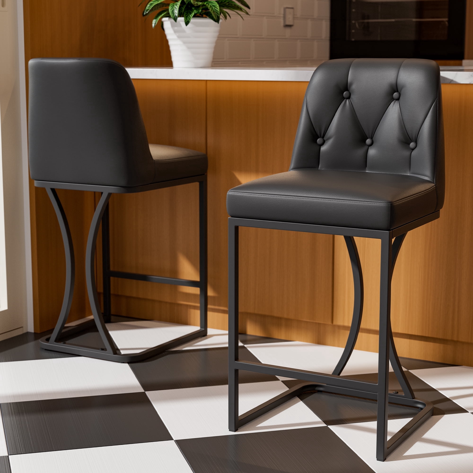 Ninecer Black Counter Height Bar Stools Set of 2, 24 inch Counter Stools Pu Leather Modern Bar Chairs with Back for Kitchen Island