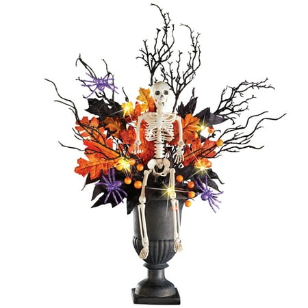 Lighted Halloween Skeleton in Spooky Foliage with Spiders, Indoor Tabletop Décor, Centerpiece