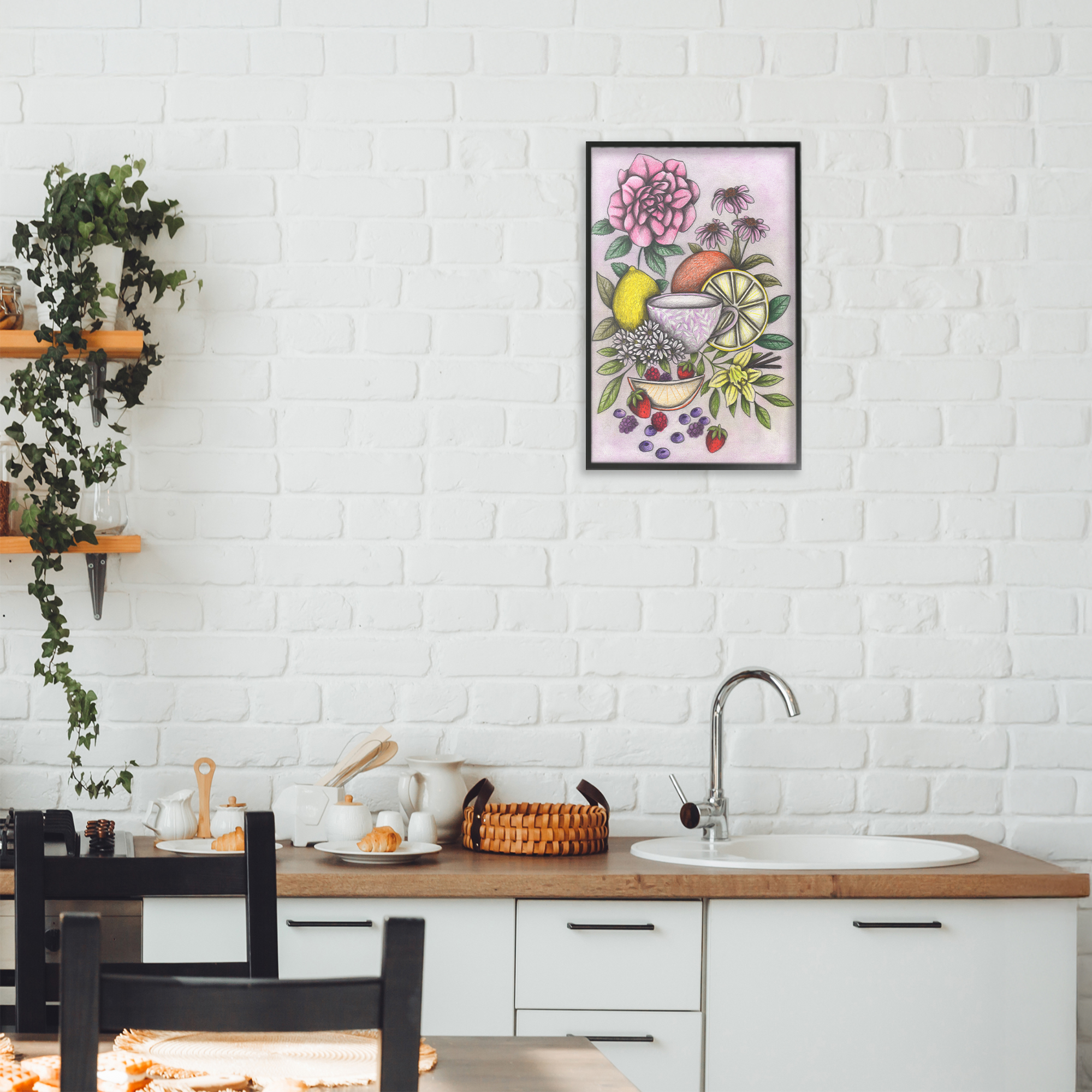 Rococo Tea with Fruits Black Framed Giclee Art, design by Cecilia Battaini