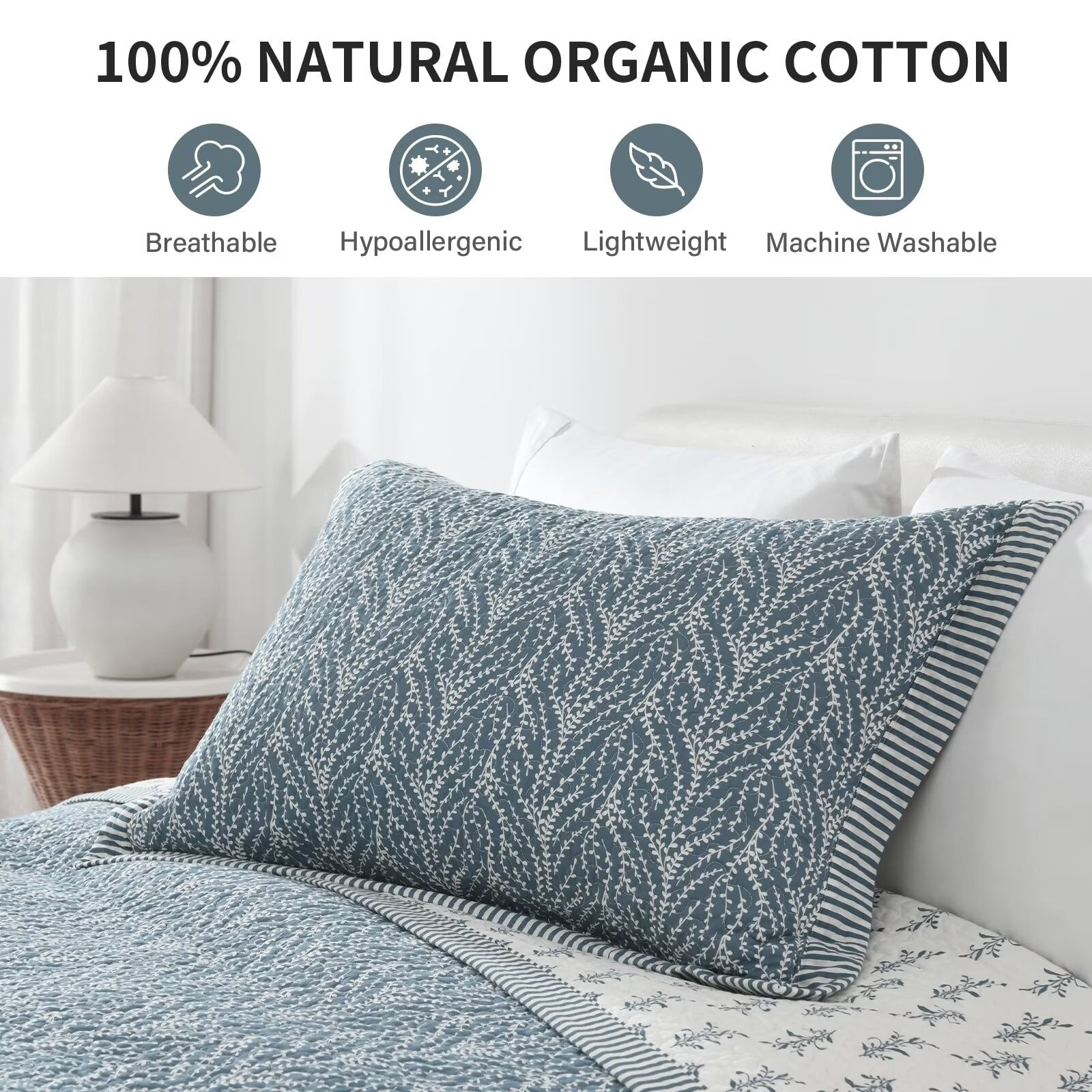 DDUOXIN King Size Quilt Bedspread - 100% Cotton Dusty Blue & White Floal Modern Stylish Summer Quilt for King Bed, Reversible Lightweight King Bedspread with 2 Pillow Shams, 3-Piece All Season