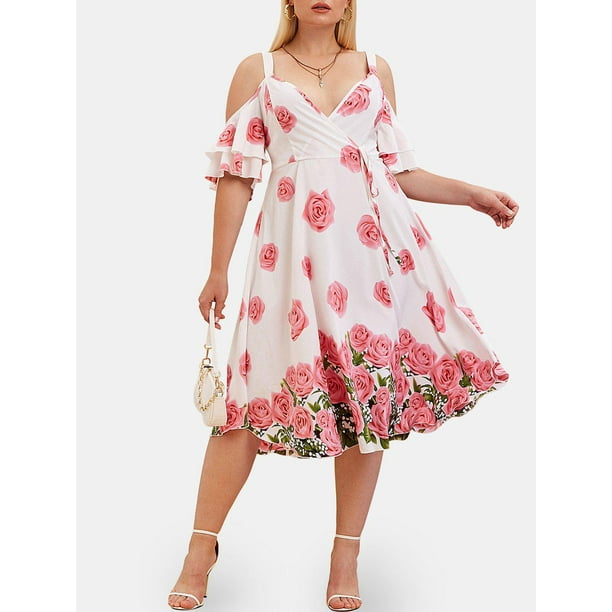 Vestido Talla Extra Floral Hombros Descubiertos Manga Campana Rosegal Vestidos Estampados Tallas Grandes