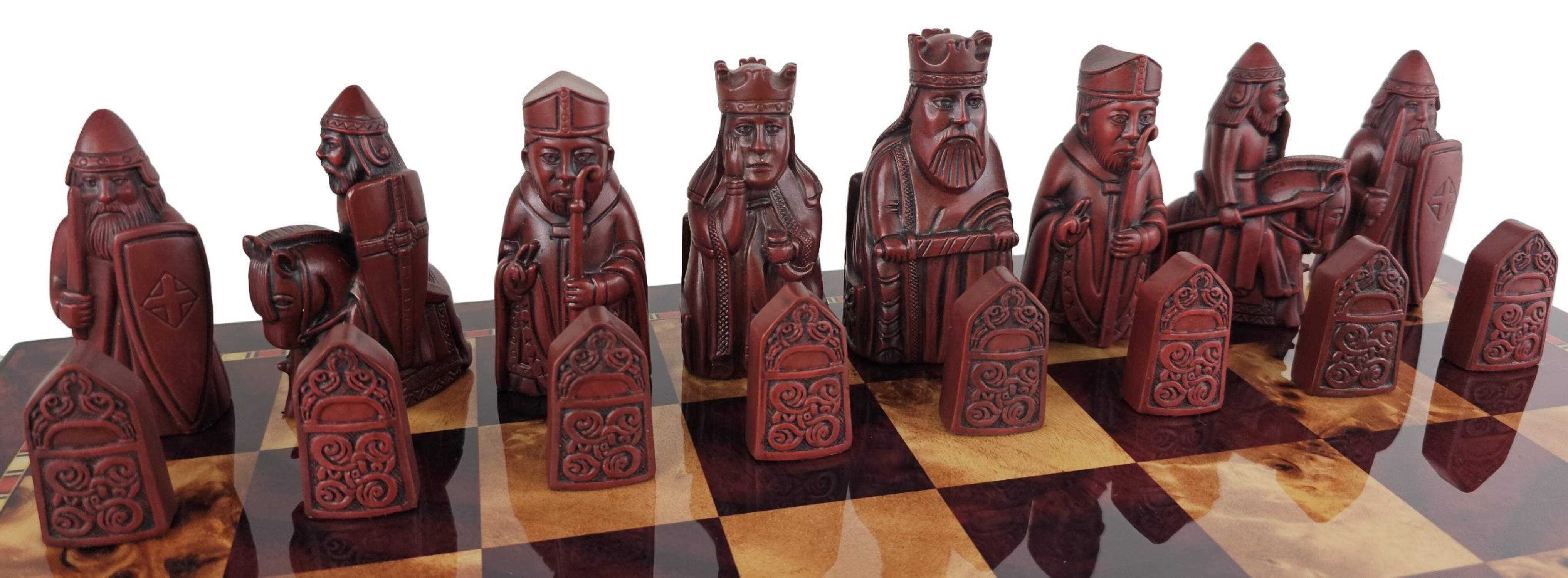 Large Isle of Lewis RED Chess Set 3 1/4" King with 18" Cherry Color Board