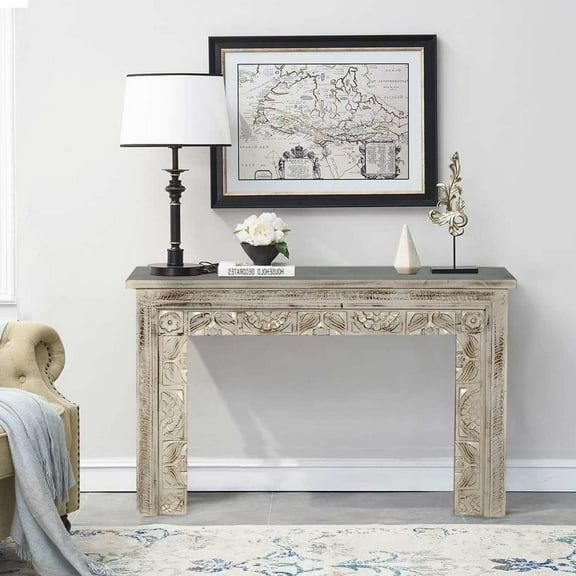 Rustic white Sofa Table For Livingroom | Handmade Hand carved Media Console Table | Farmhouse Style Mid Century Solid Wood Console Table