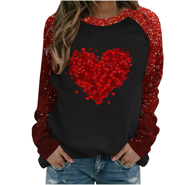Penkiiy T-Shirts de la Saint-Valentin pour Femmes Col Rond Manches Longues Décontracté Cœur T-Shirt 2TG Rouge