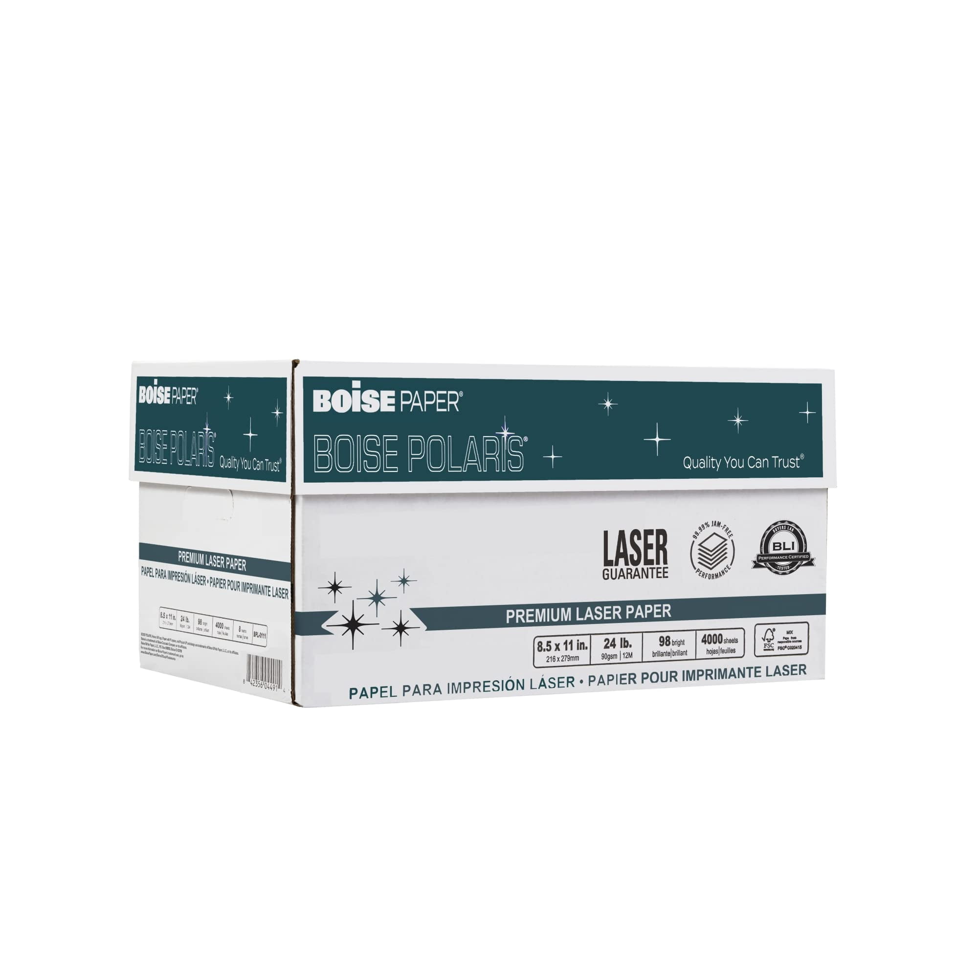 Boise POLARIS® Premium Laser Paper, Letter Paper Size, 98 Brightness, 24 Lb, FSC® Certified, White, 500 Sheets Per Ream, Case Of 8 Reams