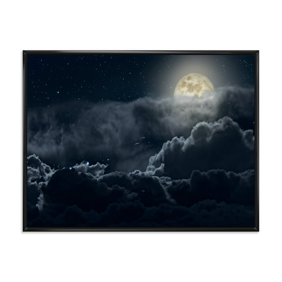 Designart 'Cloudy Full Moon Night With Stars' Nautical & Coastal Framed Canvas Wall Art Print