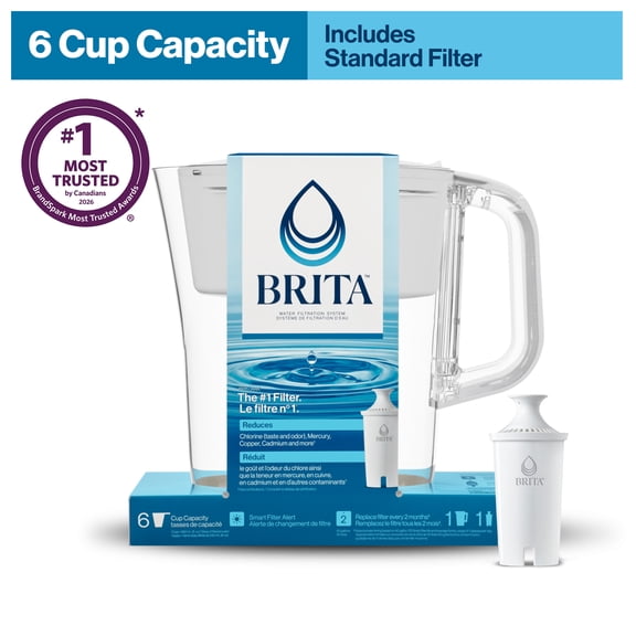 Brita Small 6 Cup Water Filter Pitcher with 1 Brita Standard Filter, Made Without BPA, Denali, White