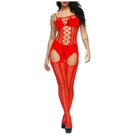 Floleo Sexy Lingerie For Women Clearance Sexy Womens Lingerie Fishnet Open Crotch Seamless Mesh Netting Stockings Chemise Hollow Out Babydoll Bodysuit Sleepwear