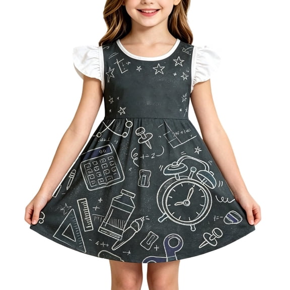 Bysome Girls Dress First Day of School Cartoon Print Short Sleeve Crew Neck Dresses Back to School Soft Girls Dress Size 18-24 Months Black