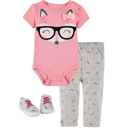 Bon Bebe Girls 0-9 Months Fox Bodysuit Pant Set With Shoes (Pink 0-3 Months)