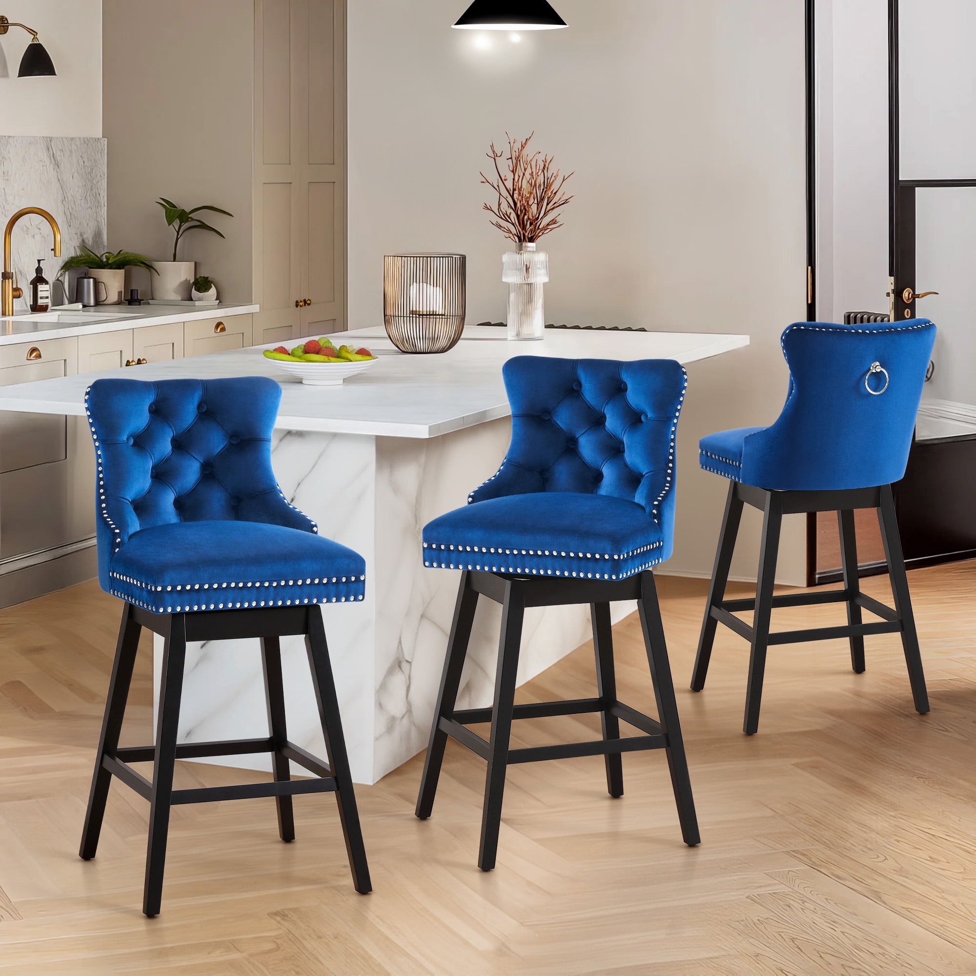 TEWLOSS Counter Height Bar Stools Set of 3 Swivel 26" Velvet Barstools for Kitchen Island, Blue