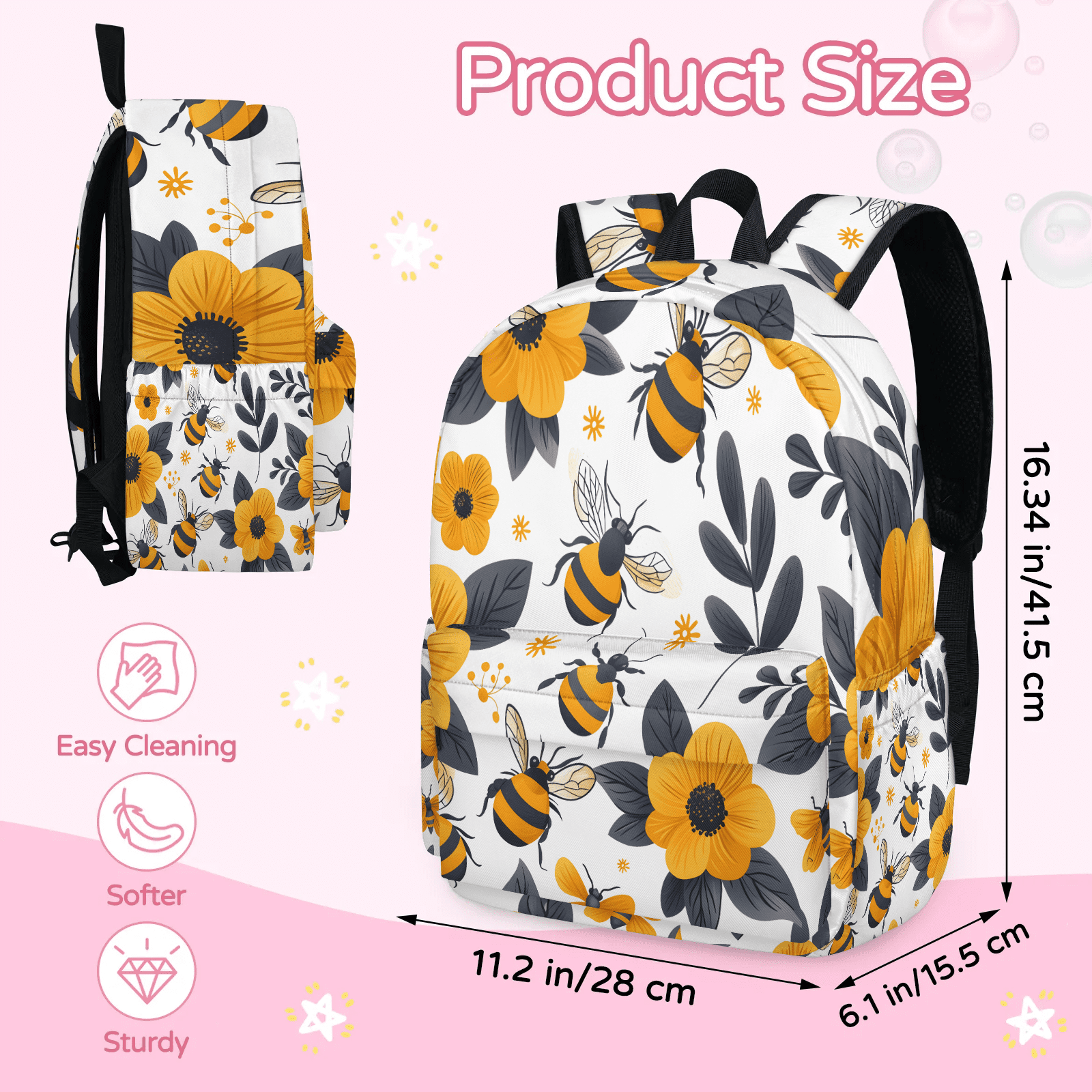 Herdesigns Bee Backpack for Men Women, Lightweight Laptop Backpack 16.3 Inch Yellow Floral Casual Daypack for Travel Work Commuter