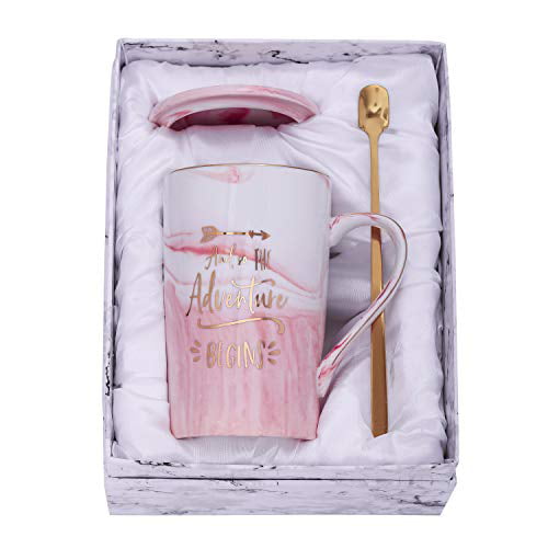 Graduation New Job,Divorce Gifts for Women Best Friends Jumway And So The Adventure Begins mugs Coworkers BFF Moving Away Promotion,Congratulations,Going Away 14 oz Ceramic Coffee Mug Pink