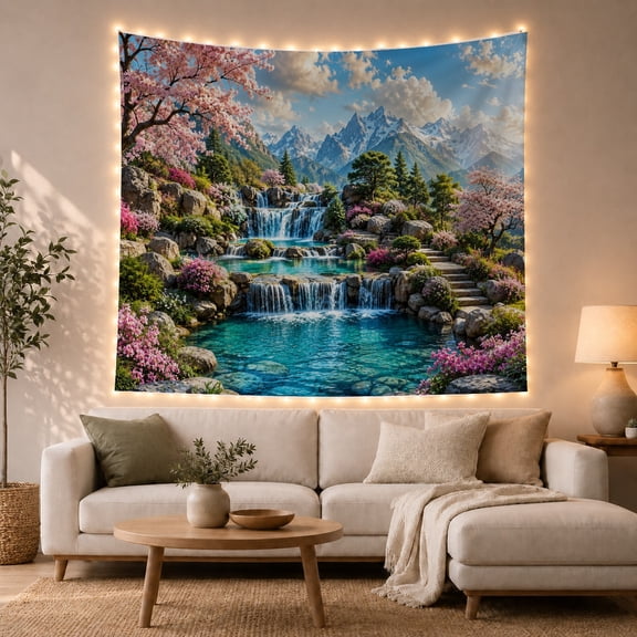 Waterfall with Cherry Blossoms and Mountains, Serene Watercolor for Nature Lovers, Scenic Landscape Artwork, Housewarming Gift, Tapestry Wall Hanging for Bedroom and Living Room