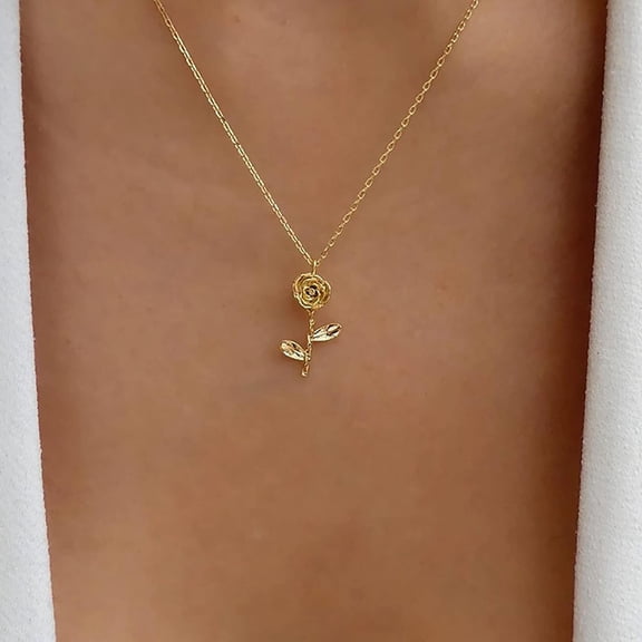 Gold Rose Flower Pendant Necklace, Vintage Boho Floral Jewelry