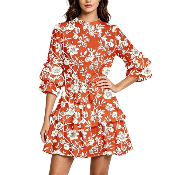 Levmjia Women's Floral Print Dress Casual Short Sleeve Tiered Skater Dress Crew Neck Summer Mini Dress for Women