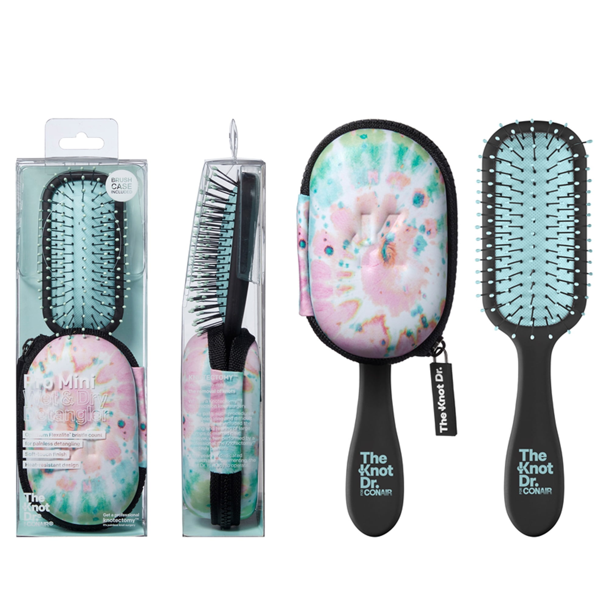 The Knot Dr. for Conair Pro Mini Wet and Dry Detangling Hairbrush with Case, Colors Vary