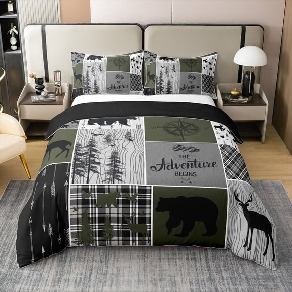 Rustic Farmhouse Bedding Set Full, Hunting Bear Deer Comforter Cover Cabin Lodge Decor, Vintage Wooden Board Retro Duvet Cover Buffalo Plaid Western Country Bedspread Cover Teens,Grey Black