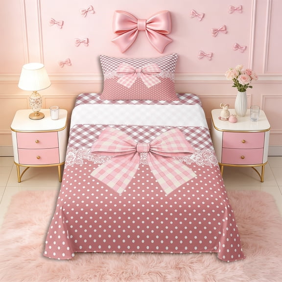Erosebridal Teens Vintage Floral Bow Twin Sheet Sets 3pcs,Girls Ombre Polka Dots Bedding,Microfiber Bedroom Decor