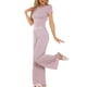thumbnail image 4 of Conjuntos de pijama para mujer INSPIRE CHIC, camiseta de manga corta de punto, pantalones anchos de pierna larga con volantes, atuendos de 2 piezas, conjuntos de lounge PJ, XL, rosa, 4 of 6