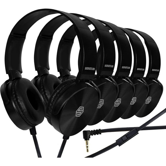 Classroom Headphones-Bulk 10-Pack, Student On Ear Comfy Swivel Earphones for Library, School, Airplane, Kids-for Online Learning and Travel, HQ Stereo Sound 3.5mm Jack (Black with Microphone)