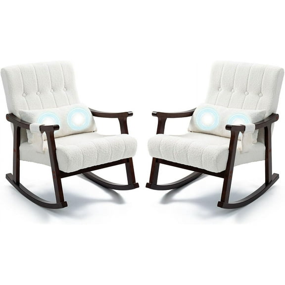 Upholstered Rocking Chair with Massage Lumbar Support,Page 2 Glider Chair with Side Pocket, Nursery Rocker with High Backrest,Rubber Wood Legs, Rocking Accent Armchair for Living Room Bedroom Nursery