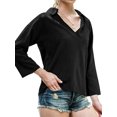thumbnail image 4 of Women Pocket Long Sleeve Stand Collar V Neck Solid Color Shirt, 4 of 7