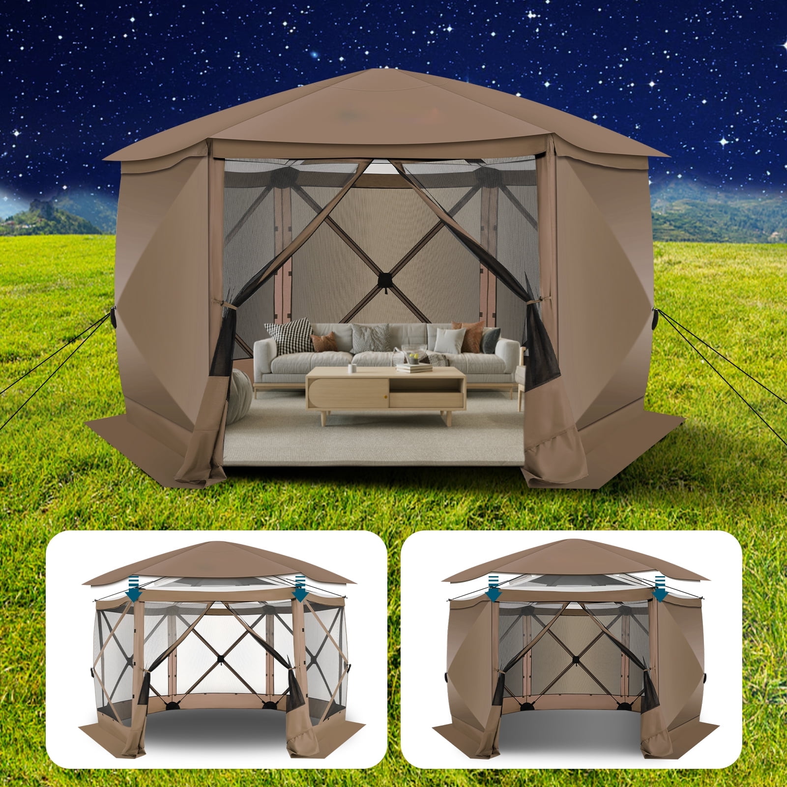 HOTEEL 12x12ft Outdoor Pop up Gazebo, 6 Sided Camping Canopy Tent with Mesh Windows, Portable Carry Bag, Waterproof, UV 50+, Large Shade Tents for Outdoor Camping, Backyard, Brown