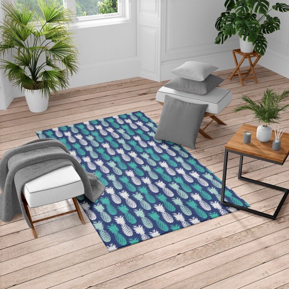 Pineapple Turkish Area Rug, Summer Island Tropic Fruit Pattern Stamped Minimal Backdrop Pop Art, Soft Carpet for Living Room Decor with Distressed Look, 4' X 5.7', Seafoam Ivory, by Ambesonne