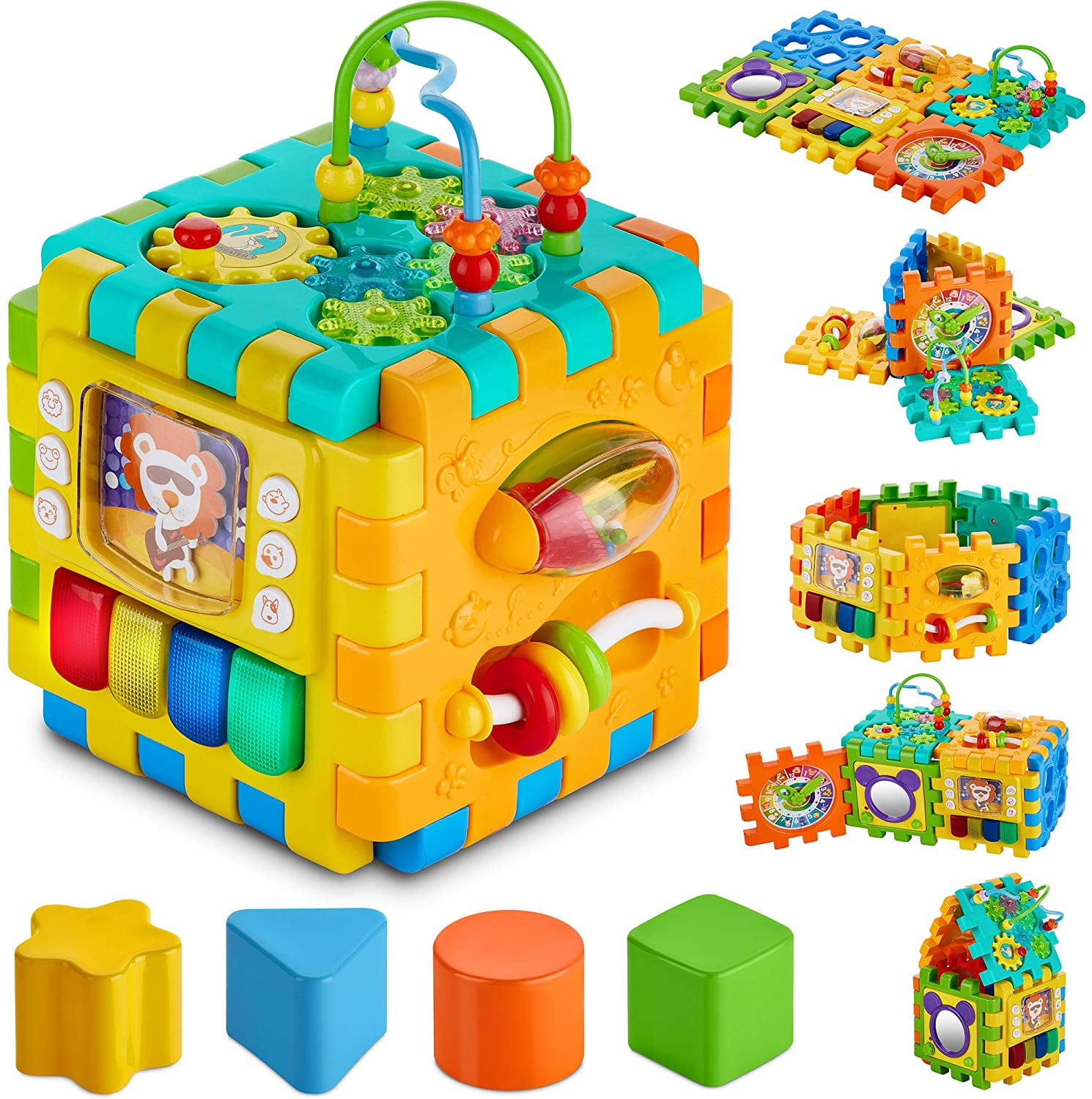 CUTE STONE Baby Activity Cube Toy,6 in 1 Multi-Functional Learning Cube Toys with Music /& Light,Shape Sorter,Play Drum,Gears,Baby Early Educational Play Cube Centers Gifts for Infant Kids Boys Girls