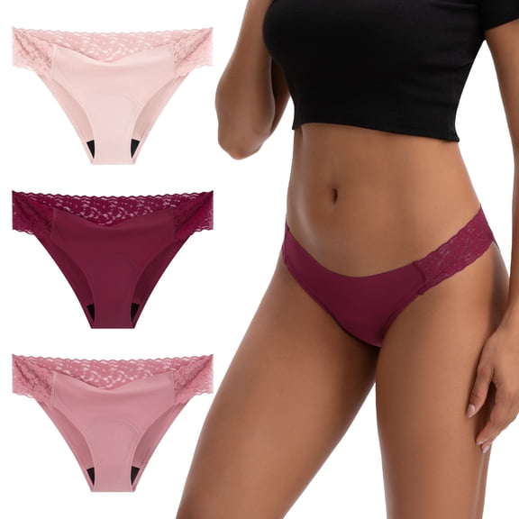 OEIOEI Lace Period Underwear Leakproof Bikini Underwear for Women Menstrual Pantie 3 Pack(L,Soft Rose)