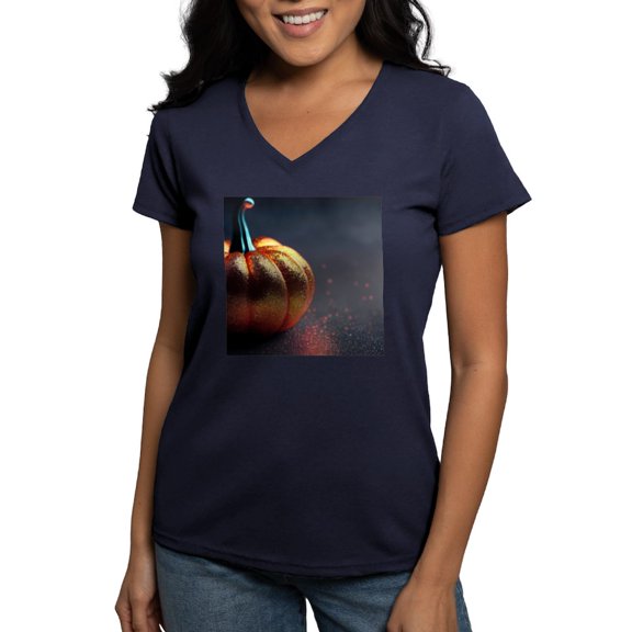 CafePress - Glitter Pumpkin Women's V Neck T Shirt - Women's V-Neck Dark T-Shirt