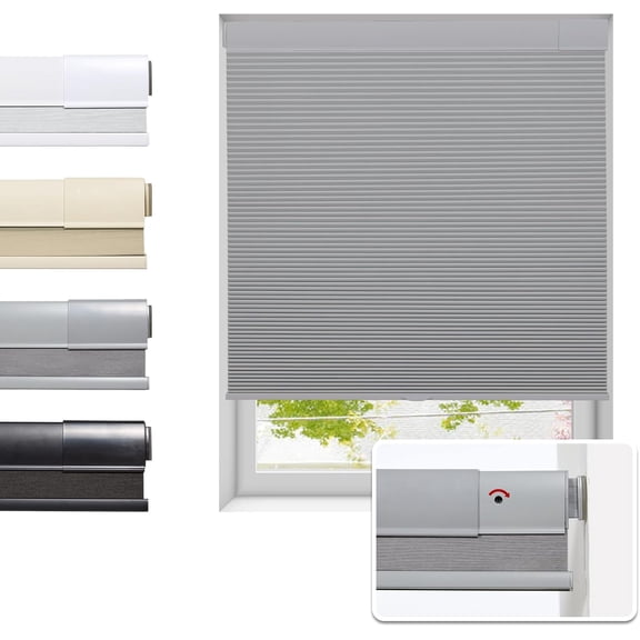 No Drill Cellular Shades for Indoor Windows, Thermal Insulating & Noise Reducing Honeycomb Blinds, Free Stop Cordless Blackout Shades, Grey, 22" W x 64" H