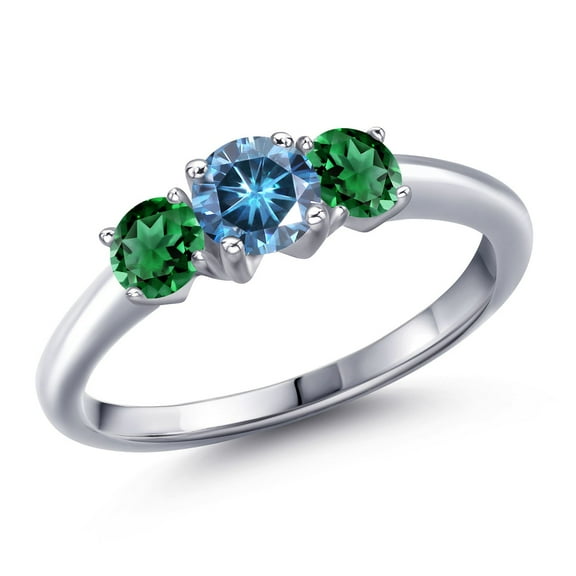 Gem Stone King 925 Sterling Silver Persian Blue Moissanite and Green Nano Emerald Engagement Ring for Women | 1.10 Cttw | Round 5MM | Gemstone Birthstone | Size 5