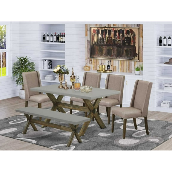 East West Furniture X-Style 6-piece Wood Dining Set in Jacobean Brown/Cement