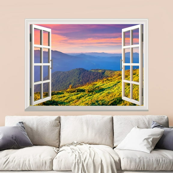 wall26 Removable Wall Sticker/Wall Mural - Beautiful View of Mountain Range at Sunrise | Creative Window View Wall Decor - 24 Inchx32 Inch