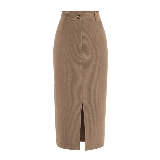 Falda PRETTYGARDEN de pana lápiz midi de tiro alto camel talla 12