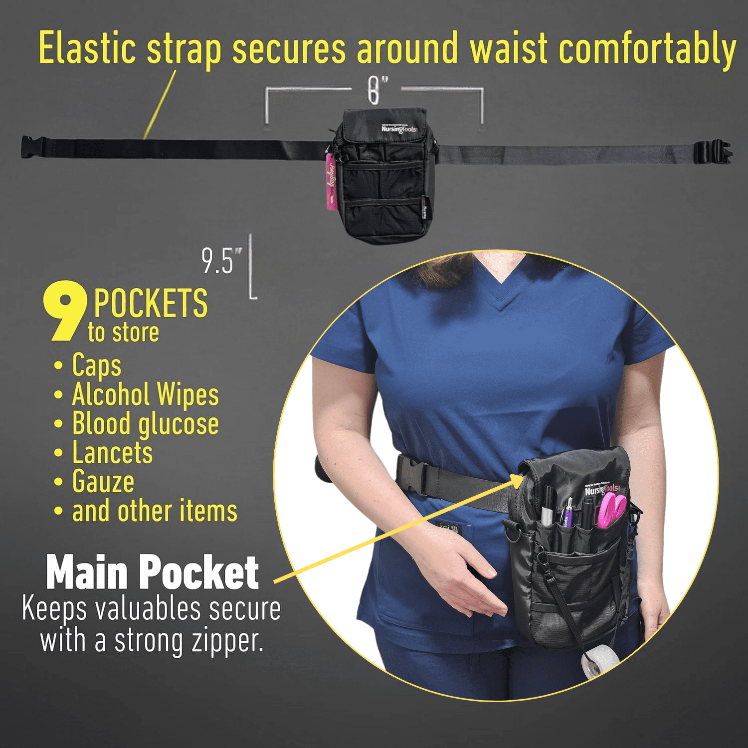Joey Nurse Fanny Pack Multi Compartment Waist Organizer Tool Bag for Students, Practitioners & Medical Professionals (Black)