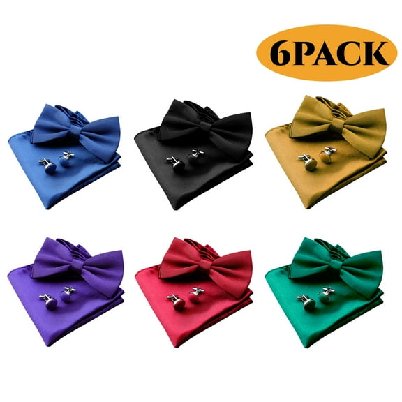 Bow Ties for Men Solid Color Pre-Tied Bowties with Pocket Square and Cufflinks Adjustable Unique Gifts for Men Set of 6