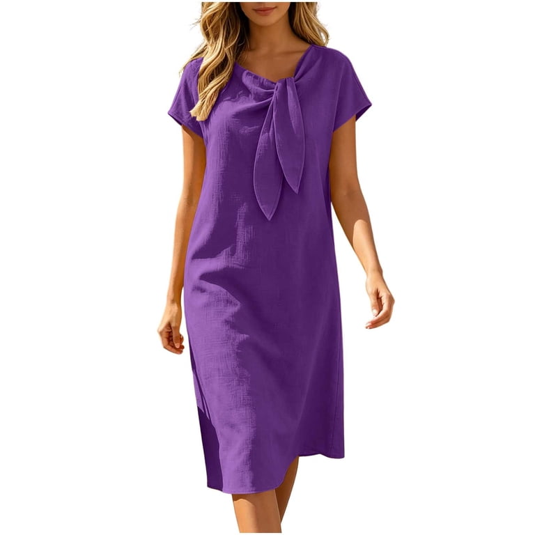 corset dress short plus size asdoklhq Dresses for Curvy Women Midi Dress Fashion Round Neck Bow V-Neck Loose Sleeve Purple 2X and completely on trend Style:Women Primavera couture women-clothing Brooks Brothers Men's Pure