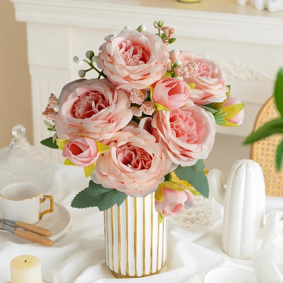Artificial Flowers, Silk Rose Bouquet, Hyper-Realistic 5 Branches Silk Flower Arrangement For Wedding Bridal Home And Table Decor, 32cm Tall Bendable Stems