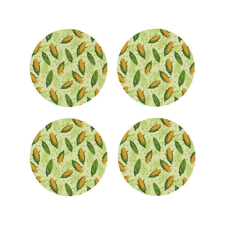 

Coasters Set of 4 - Green Leaves Cute Corn Drink Coasters for Tabletop Protection Leather Coasters for Living Room Decor and Housewarming Gift Round Shape