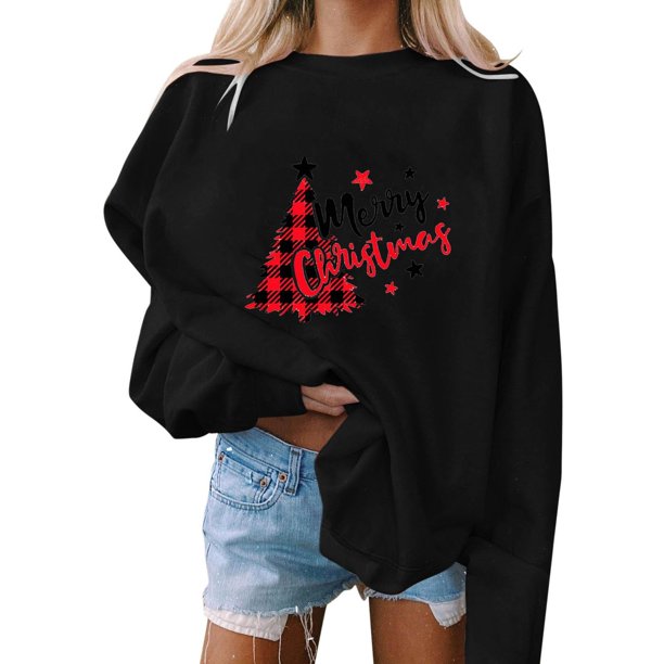 Gibobby Sudaderas para mujer navidad Navidad para mujer cuello redondo sudadera sólida Tops lindos manga larga suelta moda sudadera(Negro,CH)