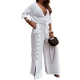 thumbnail image 5 of Women's Casual Solid Color 2-Piece Set,Outfits Rolled Up Sleeve Button Down Shirt and Wide leg Pants Set, 5 of 9