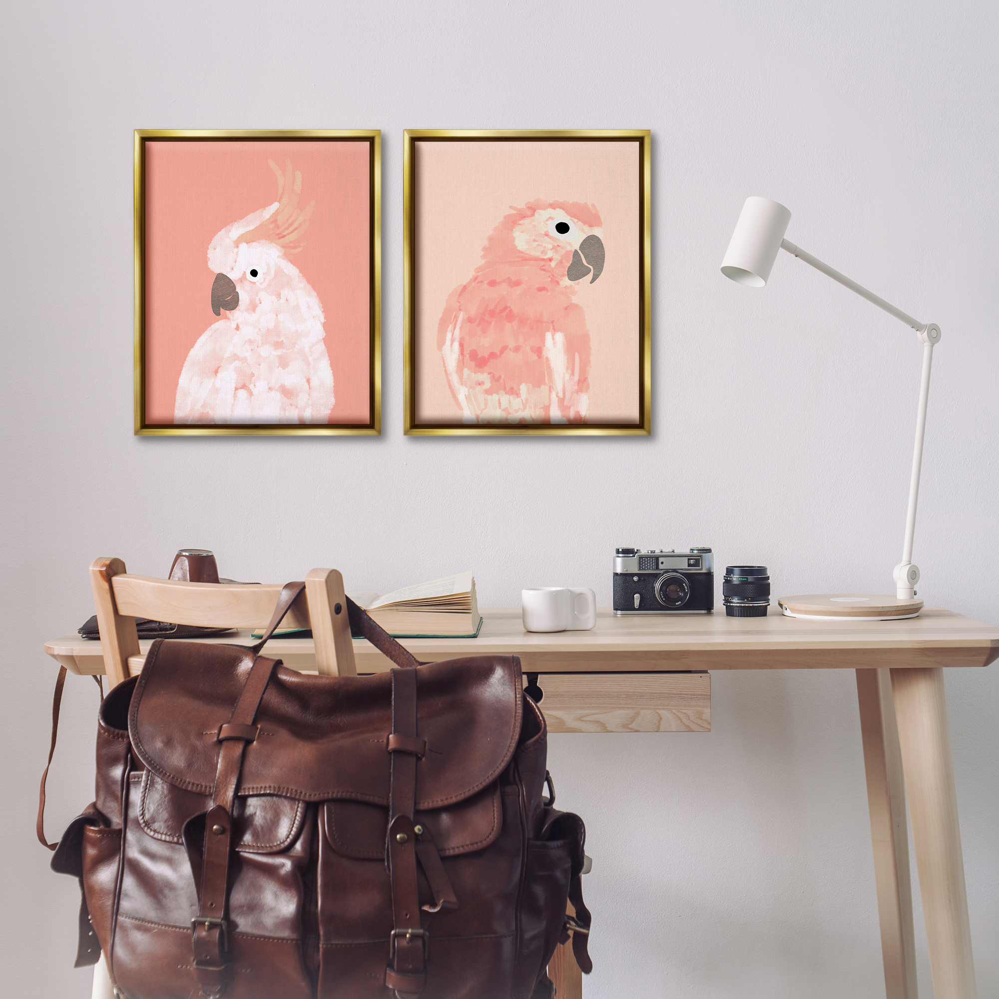 Stupell Industries Peach Cockatoo Parrot Profile Animals Painting Gold Floater Framed Canvas Art Print Wall Art, 17 x 21, Set of 2