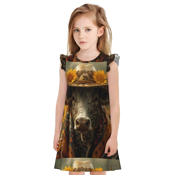 Balery Sunflower Cowboy Hat Cow Camisón de princesa para niñas, pijama de algodón con mangas abullonadas, suave y bonito.-Large