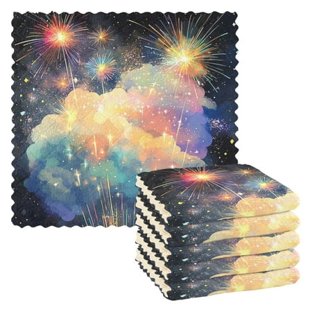 

6 Pack Kitchen Dish Towels 11 Inch x 11 Inch Reusable Cleaning Cloths for Washing Dishes Dish Cloths for Drying Dishes Fireworks and Stars
