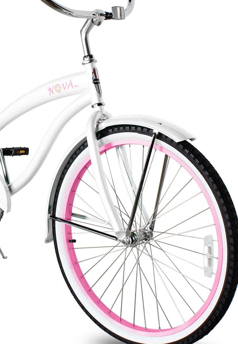 WonderWheels Beach Cruiser Shimano Tx-35 7 Speed Bicycle, Bike, V-Brake Stainless Steel Spokes One Piece Crank Alloy Purple Rims 36 H With Fender - White